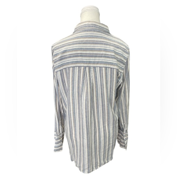 Ellen Tracey Linen Blend Striped Button-Up Women's Top Cream Tan Blue Small - Picture 2 of 9